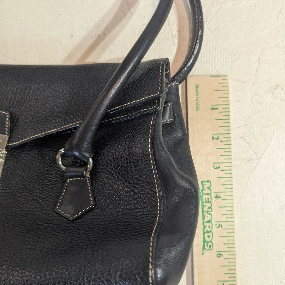 Mottini Italian Black Pebbled‎ Leather Satchel Silver Turnlock Top Handle Bag